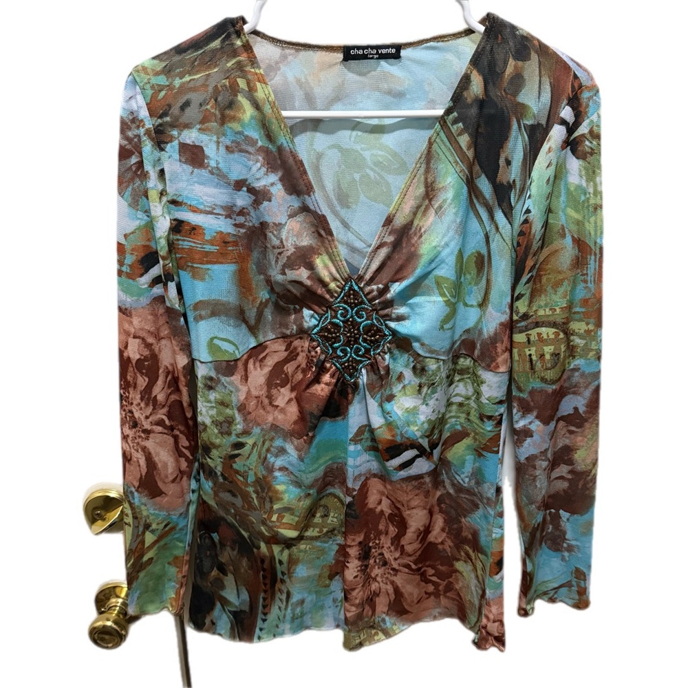 Cha Cha Vente Y2K Whimsical Colorful Beaded Mesh Long Sleeve Top